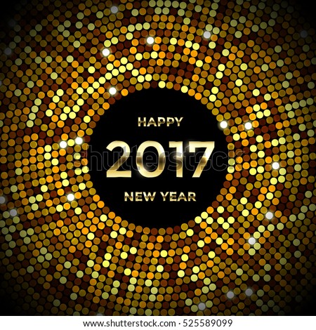Gold sequins disco pattern background with number 2017. Golden Happy New Year  text for greeting holiday banner.
