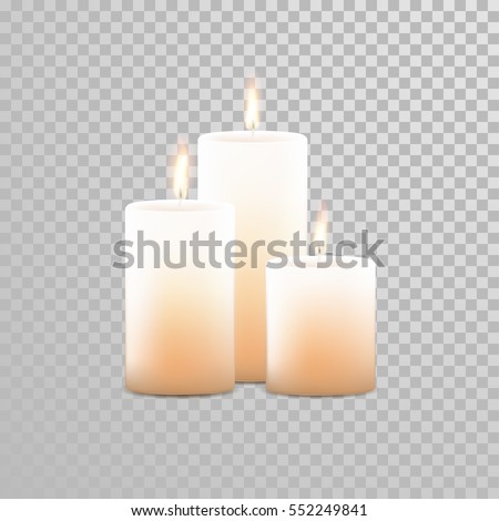 Burning candles set. Aromatic decorative round cylindrical candle sticks with burning flames on transparent background. Vector 3D realistic isolated decoration white or beige element design