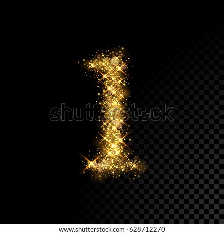 Gold glittering number one. Vector shining golden font figure lettering of sparkles on black background.