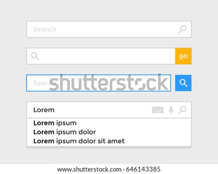 Search bars templates set with pop up list or search results. Vector flat template design for internet browser or web page with elements of search magnifier icon and frame field for text