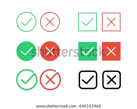 Green tick check mark and cancel decline red cross vector icons for internet buttons or web page interface element design template. Isolated round circle and square frame shape set on white background
