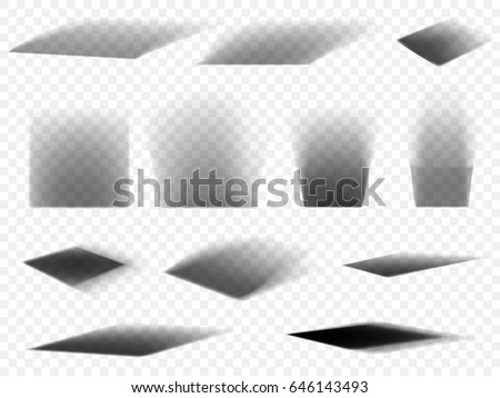 Shadows vector set on transparent background. Box square shadow effect with different light illumination angles for web design element
