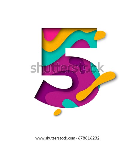 Paper cut number Five letter. Realistic 3D multi layers papercut effect isolated on white background. Figure of alphabet letter font. Decoration element for birthday or wedding greeting design 商業照片 © 
