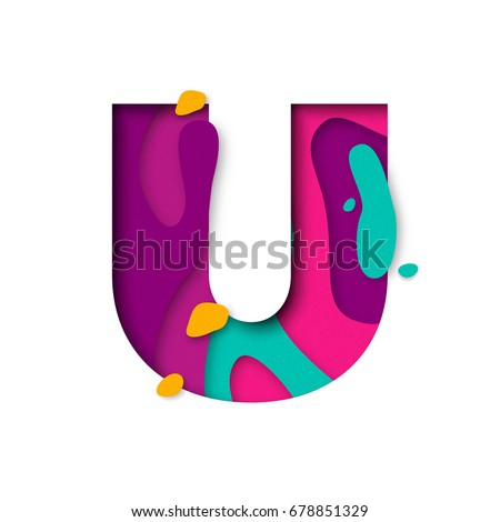 Paper cut letter U. Realistic 3D multi layers papercut effect isolated on white background. Colorful character of alphabet letter font. Decoration origami element for birthday or greeting design 商業照片 © 
