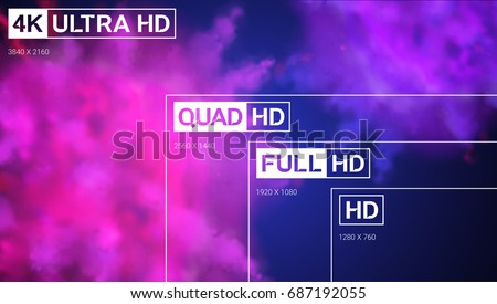 4K UHD, Quad HD, Full HD and HD resolution presentation scale frame with abstract color powder background. Vector illustration with TV symbols and icons