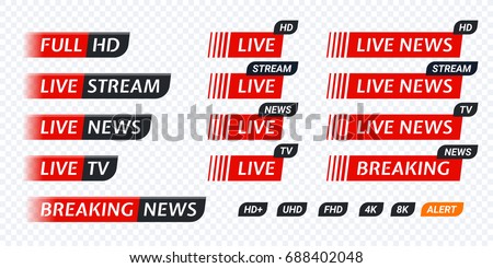 Live TV news red tag icon with video symbol of live broadcasting, full hd, live stream. Black tag labels of hd, uhd, fhd, 4k, 8k. Vector user interface design for video blog