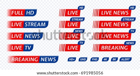 Live stream TV news red with blue tag icon. Video symbol of live broadcasting, hd, uhd, fhd, 4k, 8k. Vector user interface design for video blog