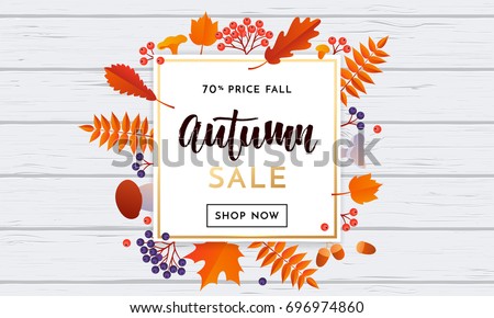 Autumn sale poster or autumnal shopping promo 70% banner for September fall of maple leaf, oak acorn foliage and discount text. Vector design for shop leaflet or web banner on white wood background.