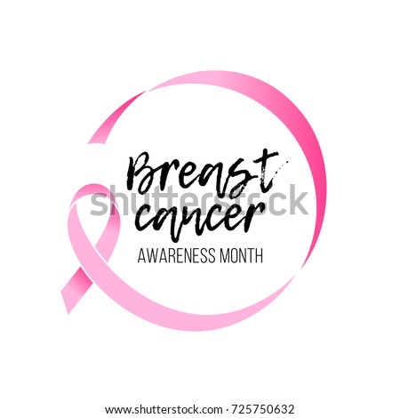 Breast cancer awareness month round emblem with hand drawn lettering. Vector pink ribbon circle icon on white background.