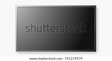 LCD TV screen isolated on transparent background. Vector flat black television panel with glass border. Realistic 3D blank LED smart hdtv display with mat texture surface. Smart TV mockup model