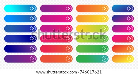 Web buttons flat design template with color gradient and thin line outline style. Vector isolated rectangular rounded web page next arrow button elements set on transparent background.