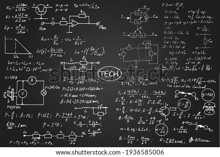 Physics, electronic engineering, mathematics equation, scheme and calculations, endless hand writing. Vector blackboard. Technology background.