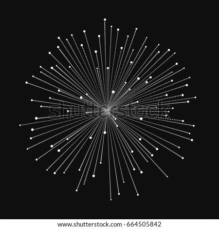 Geometric lines in circle or round shape. Stylized sun or fireworks. Rays radiating from a central object or source of light. White lights on black background. Vector illustration.