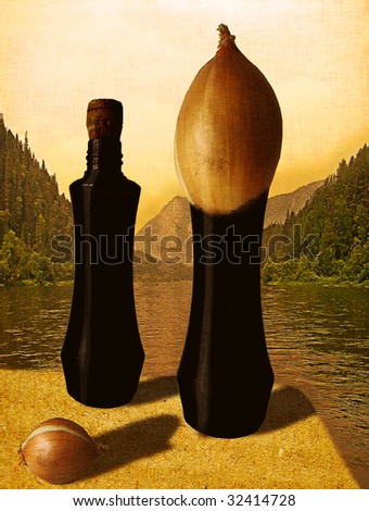 A creative pictorial surreal collage with bottles and onion against the picturesque background.