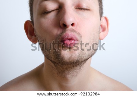 Handsome Unshaved Man Ready To Be Kissed. Close Up. Focus On Lips ...