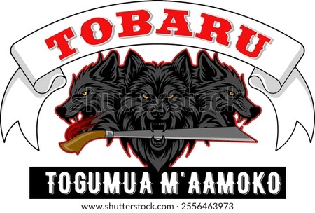 graphic vector illustration, three hunting dog heads biting a machete typical of Maluku, Indonesia suitable for use in t-shirt design images, the text can be changed   