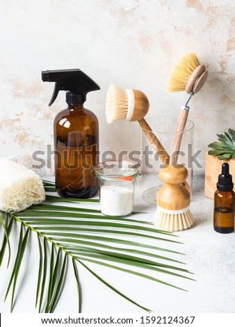 Similar – Image, Stock Photo Glass Bottle with Brush Cap near travertine stones on pink top view. Mockup