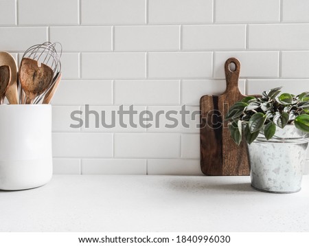 Stylish white kitchen background with kitchen utensils and green houseplant standing on white countertop, copy space for text, front view