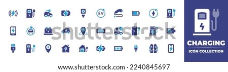 Charging icon collection. Duotone color. Vector illustration. Containing wireless charging, charging station, electric car, lighting, electric socket, ev, charging, battery status, electricity, phone.