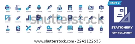 Stationery icon collection. Duotone color. Vector illustration. Containing stationery, printer, spray, magnifier, office, chair, cutter, paperclip, calculator, eraser, drawing, chart.