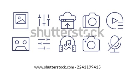 Multimedia line icon set. Editable stroke. Vector illustration. Containing polaroid photo, slider vertical, upload, camera, video gallery, tape, slider horizontal, music therapy, microphone off.