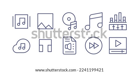 Multimedia line icon set. Editable stroke. Vector illustration. Containing music album, image, compact disc, music and multimedia, equalizer, music cloud, headphone, transcription, forward, video play