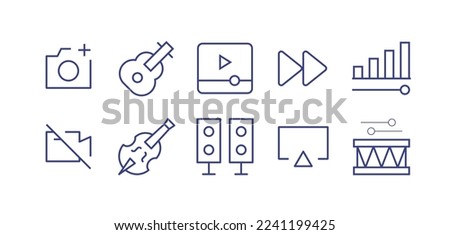 Multimedia line icon set. Editable stroke. Vector illustration. Containing camera plus, guitar, video player, forward, volume, no video, cello, speaker, airplay, drum.