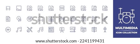 Multimedia line icon collection. Editable stroke. Vector illustration. Containing headphone, plus, minus, block, broken, check, image download, upload.