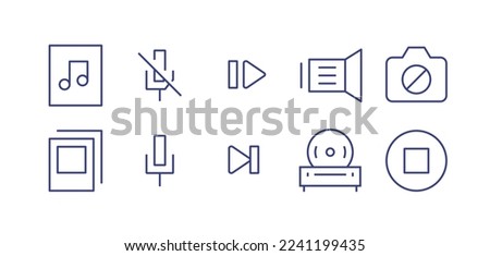 Multimedia line icon set. Editable stroke. Vector illustration. Containing file audio, no microphone, skip forward, camera lens, photo not allowed, polaroid shots, microphone, cd player, btn stop.