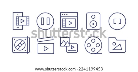 Multimedia line icon set. Editable stroke. Vector illustration. Containing smartphone, btn play, video, speaker, camera focus, cd, clapperboard, content, movie reel, folder image.