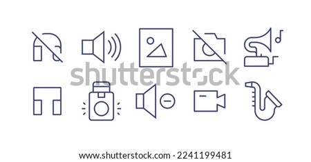 Multimedia line icon set. Editable stroke. Vector illustration. Containing no headphone, volume, file image, no camera, gramophone, headphone, speaker, video, saxophone.