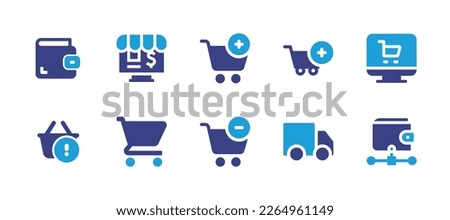 Ecommerce icon collection. Duotone color. Vector illustration. Containing wallet, store, add cart, shopping online, basket, minus cart, truck.