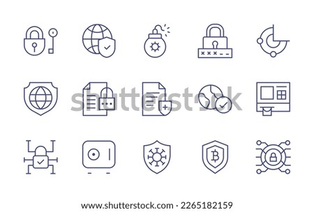 Security line icon set. Editable stroke. Vector illustration. Containing lock, security, padlock, password, vpn, protection, insurance, world, safe box, antivirus, secure payment, security system.
