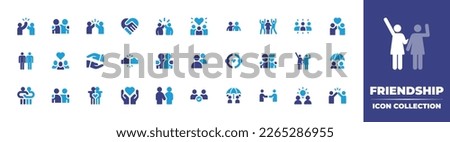 Friendship icon collection. Duotone color. Vector illustration. Containing high five, friends, handshake, team, love, greeting, group, friendship, business partnership, fist bump, users, umbrella.