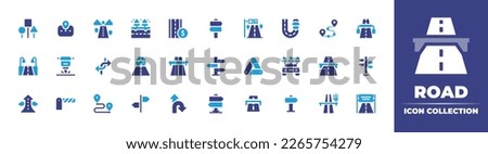 Road icon collection. Duotone color. Vector illustration. Containing road sign, road, toll road, signaling, street sign, fast, roadmap, highway, jackhammer, junction, warning sign, car rental.