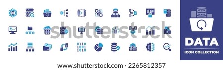 Data icon collection. Duotone color. Vector illustration. Containing data integration, data management, file backup, search, data science, analytics, check, network, classification, binary.