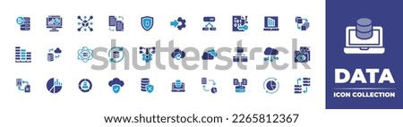 Data icon collection. Duotone color. Vector illustration. Containing access, file, distribution, statistics, input, system integration, sync, data science, transfer, pictogram, database, cloud data.