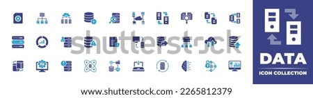 Data icon collection. Duotone color. Vector illustration. Containing audit, add database, cloud server, data modelling, file, file protection, database, authenticity, pie chart, servers.