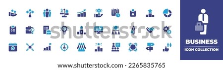Business icon collection. Duotone color. Vector illustration. Containing coin, flexibility, teamwork, property, graphic, progression, hand, planning, id, card, ranking, pie, chart, report, job.