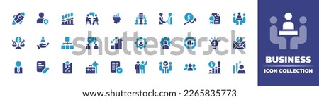 Business icon collection. Duotone color. Vector illustration. Containing start, up, profile, stock, market, meeting, data, analytics, csr, handshake, growth, certificate, balance, scale, value.