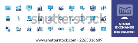 Stock exchange icon collection. Duotone color. Vector illustration. Containing stock exchange app, stock market, share, stock exchange, trading, growth, finance, profits, global economy, forex.