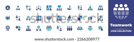 Teamwork icon collection. Duotone color. Vector illustration. Containing switch, user, replacement, benefit, communications, team, hand, employee, leader, money, cogwheel, team management, growth.