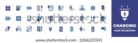 Charging icon collection. Duotone color. Vector illustration. Containing battery, charging, battery charge, socket, fast charge, electric car, charge, mobile, charger, power plug, wireless charger.