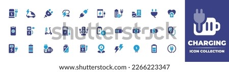 Charging icon collection. Duotone color. Vector illustration. Containing electric charge, charging, plug, power plug, phone charge, fast charge, charging station, cable, heart, electric scooter.
