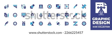 Graphic design icon collection. Duotone color. Vector illustration. Containing vector, ruler, computer mouse, blend, laptop, blur, combine, select, pipette, tools, draft, pen, digital drawing, rgb.