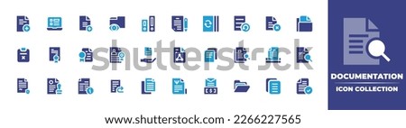 Documentation icon collection. Duotone color. Vector illustration. Containing file, laptop, add file, folder, archive, recycled paper, document, delete, wrong, patent, certificate, certified.