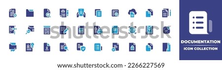 Documentation icon collection. Duotone color. Vector illustration. Containing add document, document, car insurance, reading, review, cloud, notes, legal document, note, writing, image, copy, scan.