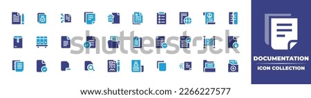 Documentation icon collection. Duotone color. Vector illustration. Containing document, smart contracts, file, delete file, task, google docs, documents folder, delete document, exam, agreement.
