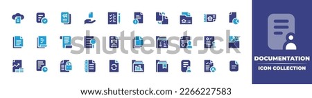 Documentation icon collection. Duotone color. Vector illustration. Containing cloud, document, preparation, alert, replace, documents, file, analysis, legal, papers, folder, analytics, clock, lock.