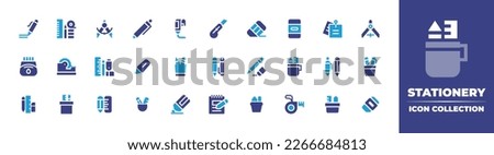 Stationery icon collection. Duotone color. Vector illustration. Containing pen, tools, compass, paint tube, cutter, rubber, eraser, sticky note, drawing compass, ink, tape, stationery, highlighter.